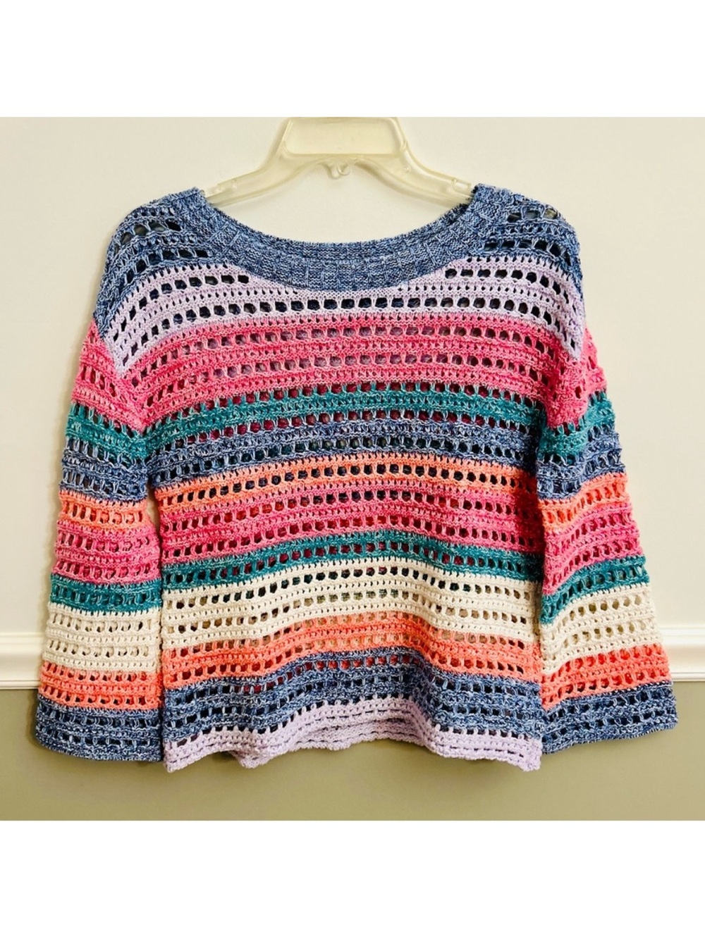 GAP Multi Color Long Bell Sleeve Crochet Pullover Cotton Colorful Sweater Small